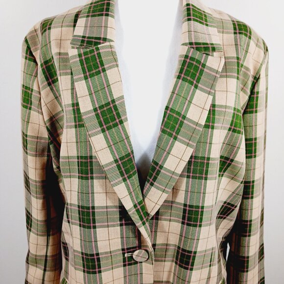 Bardot, Plaid Long Blazer Jacket Green & Soft Gold, Pink Highlight Medium Preppy - Picture 8 of 15
